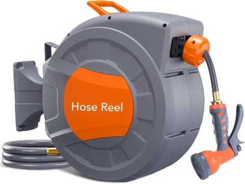 Nook Retractable Garden Hose Reel, 1/2 in x 72 ft, Wall Mounted, 9-Function Sprayer, 180?? Swivel