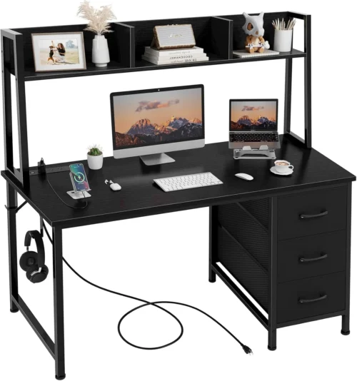 Alternative view of Nook White Computer Desk with Hutch & Drawers, 47 Inch Modern Study Writing Office Desk with 3 Storage Drawers and