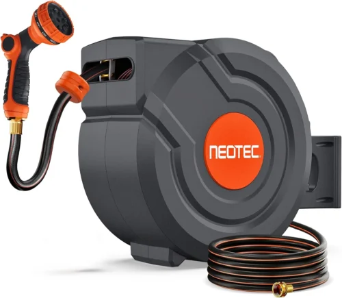 Nook Retractable Garden Hose Reel 5/8 inch x 100 ft Wall-Mounted 9 Pattern Nozzle Any Length Lock Automatic Slow