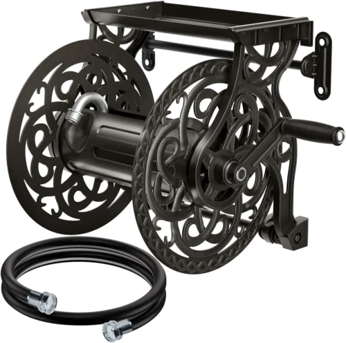 Nook Wall Mount Garden Hose Reel for Outside, Holds 125 ft x 5/8'' Hose Storage, Decorative Heavy Duty Water Hose