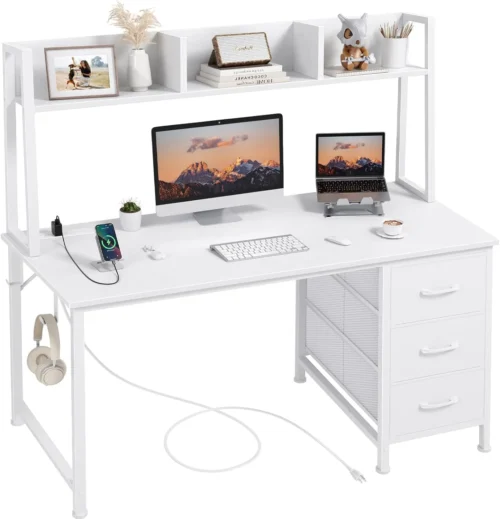 Nook White Computer Desk with Hutch & Drawers, 47 Inch Modern Study Writing Office Desk with 3 Storage Drawers and