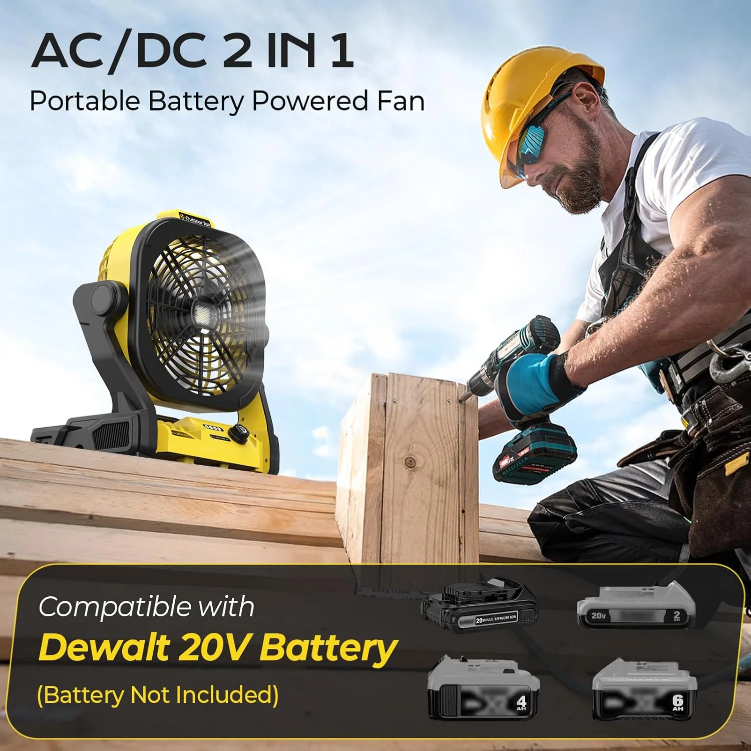 Nook Battery Operated Fan for Dewalt 20V Max battery, Portable Fan with AC Adapter & LED Lights, 4 Speeds & Hook - Image 2