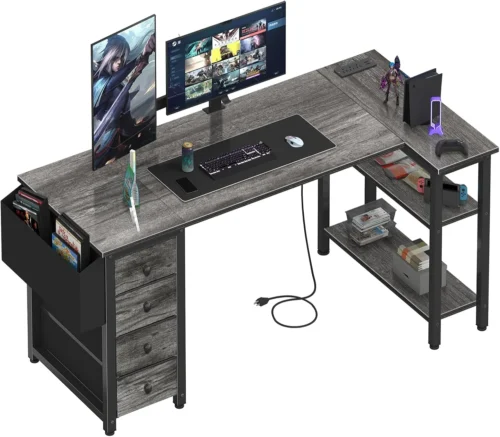 Nook White L Shaped Computer Desk with Drawers & Storage Shelves, 47 Inch Corner Reversible Desk with Power Outlet