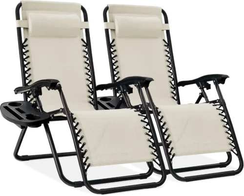 Choice Products Set of 2 Adjustable Steel Mesh Zero Gravity Lounge Chair Recliners w/Pillows and Cup Holder Trays