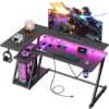 40 Inch Gaming Desk with Power Outlet & LED Lights, L Shaped Computer Gaming Table with 3 Tiers Storage Shelves