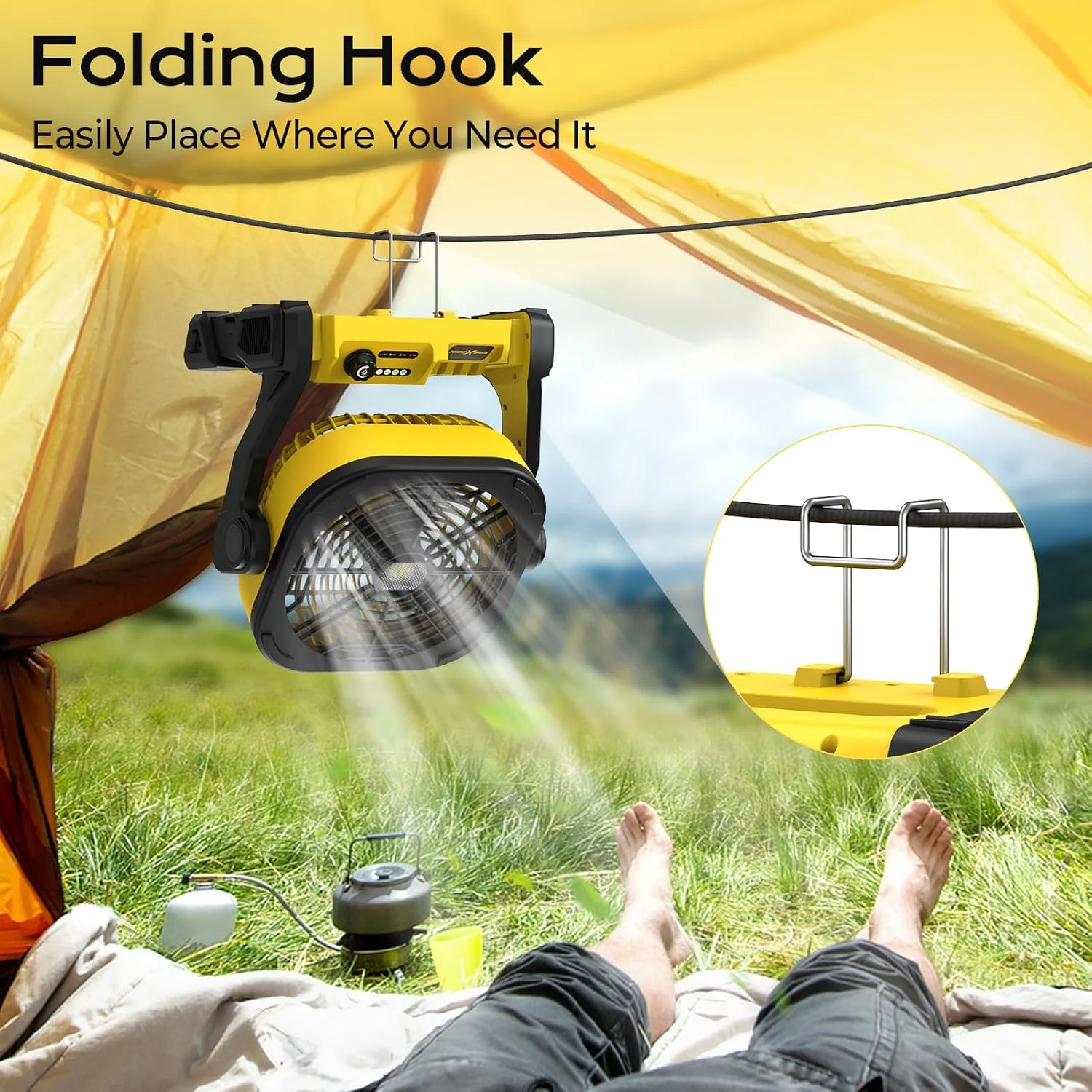 Nook Battery Operated Fan for Dewalt 20V Max battery, Portable Fan with AC Adapter & LED Lights, 4 Speeds & Hook - Image 6