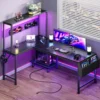 Nook L Shaped Gaming Desk with LED Lights & Power Outlets, Reversible Computer Desk with Storage Shelves & Bag