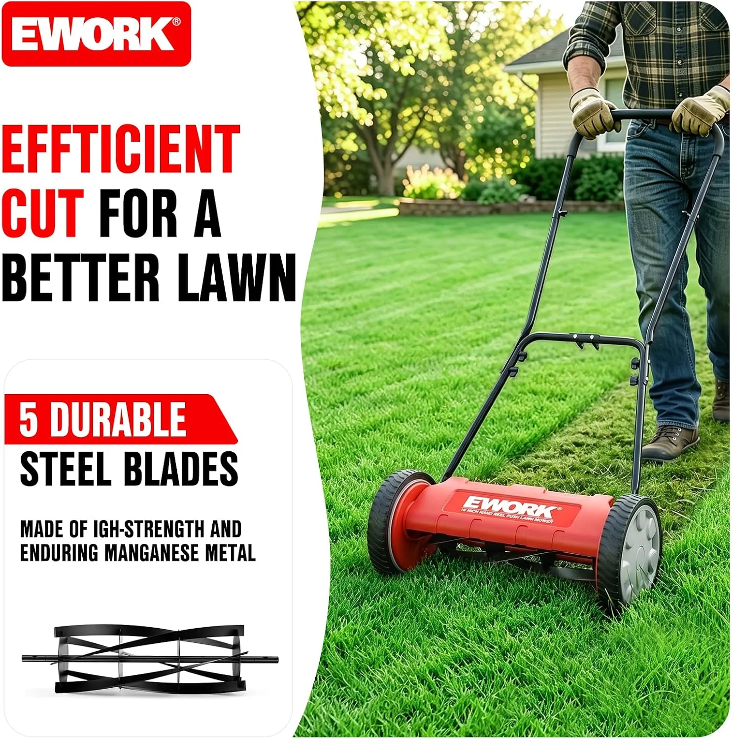 Nook Push Reel Lawn Mower 23 with 5-Blade Cutting System for Lawn Care - For Lawn Care - Image 3