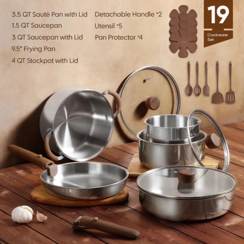 Alternative view of Nook 19pcs Stainless Steel Cookware Set with Detachable Handle, Pots and Pans Set
