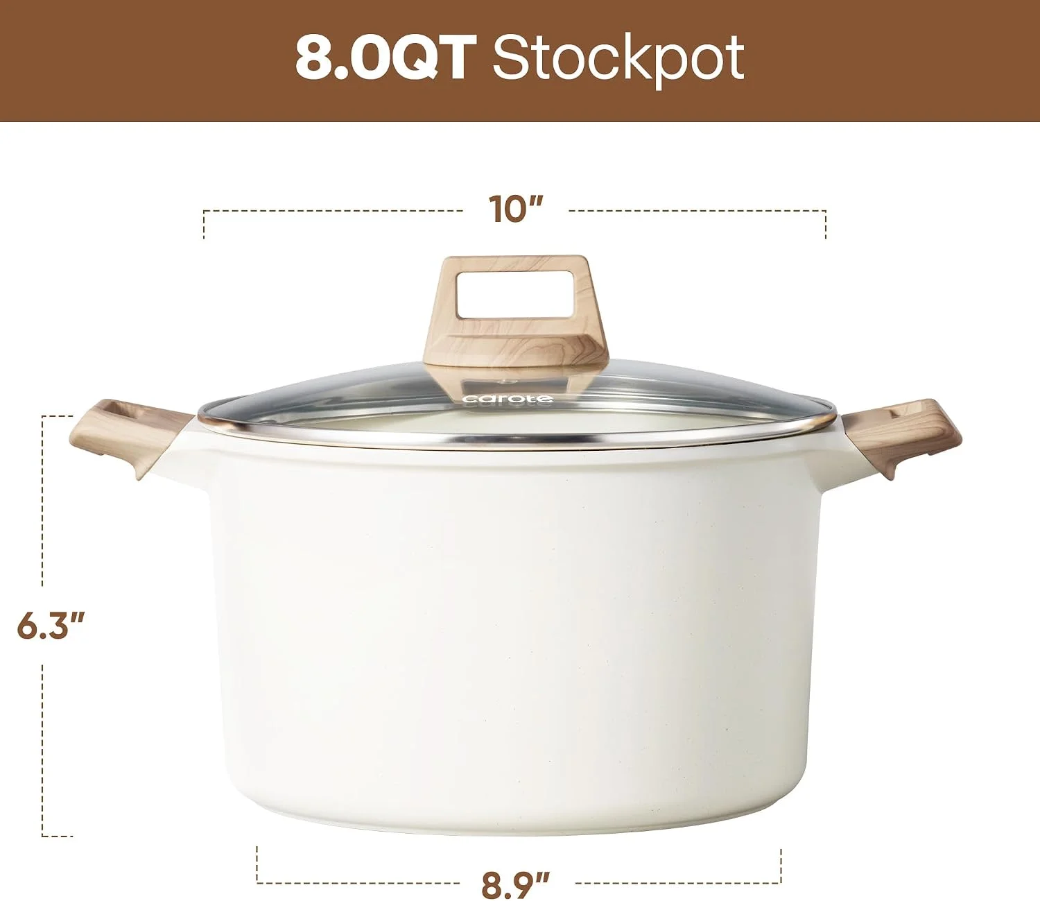 Nook CAROTE Nonstick Stock Pot with Lid, 8 Quart White Granite - Image 2