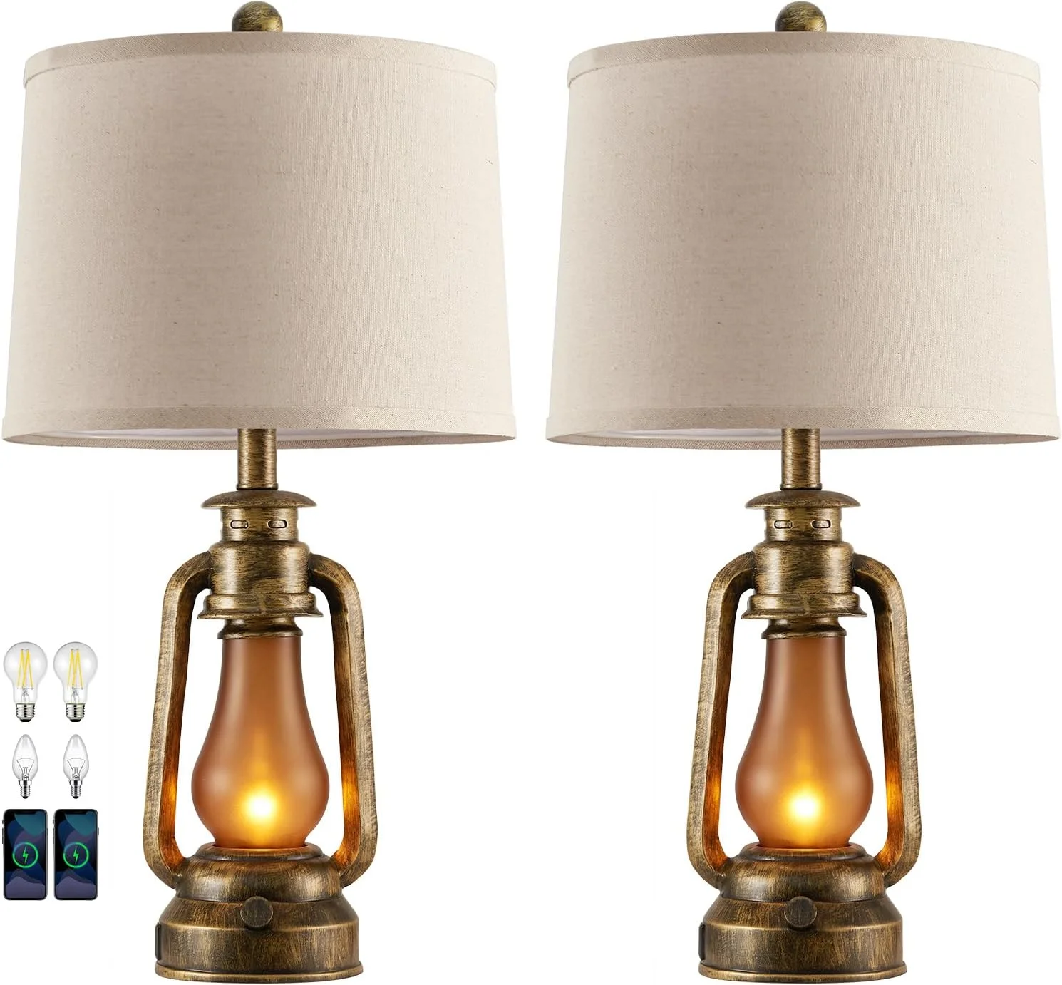 Farmhouse Lantern Table Lamps for Living Room Set of 2 with USB C+A - Image 4