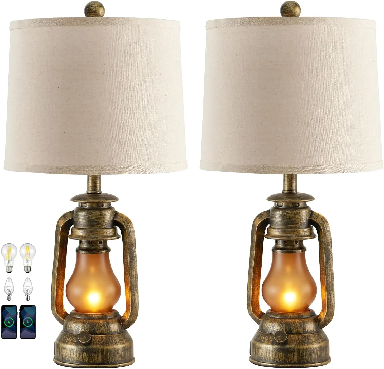 Farmhouse Lantern Table Lamps for Living Room Set of 2 with USB C+A