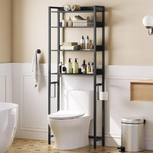 Nook Over The Toilet Storage Rack, 4 Tier Bathroom Organizer Over Toilet, Freestanding Space Saver Toilet Stand with 2 Hooks, Bathroom Storage Shelf, Easy to Assemble, Rustic Brown TSHR0401Z