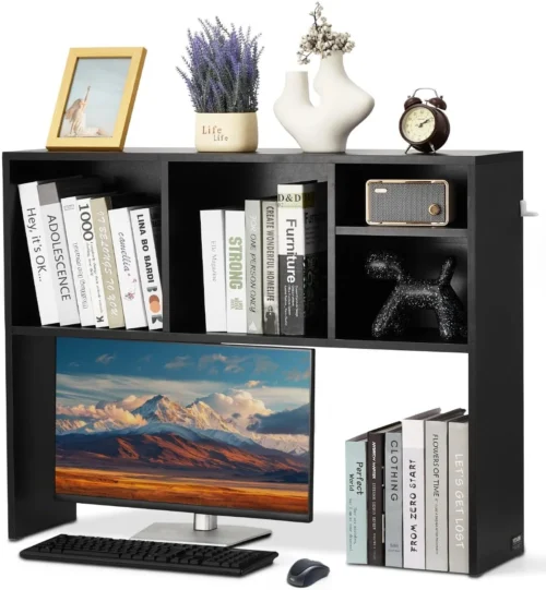 Nook Wood Desk Shelf, Desktop Bookshelf, Desk Storage Hutch with 6 Shelves, Office Countertop Organizer 3-Tier Display Rack, with Anti-Slip Feet Pads, for Office, Home & Dorm, White