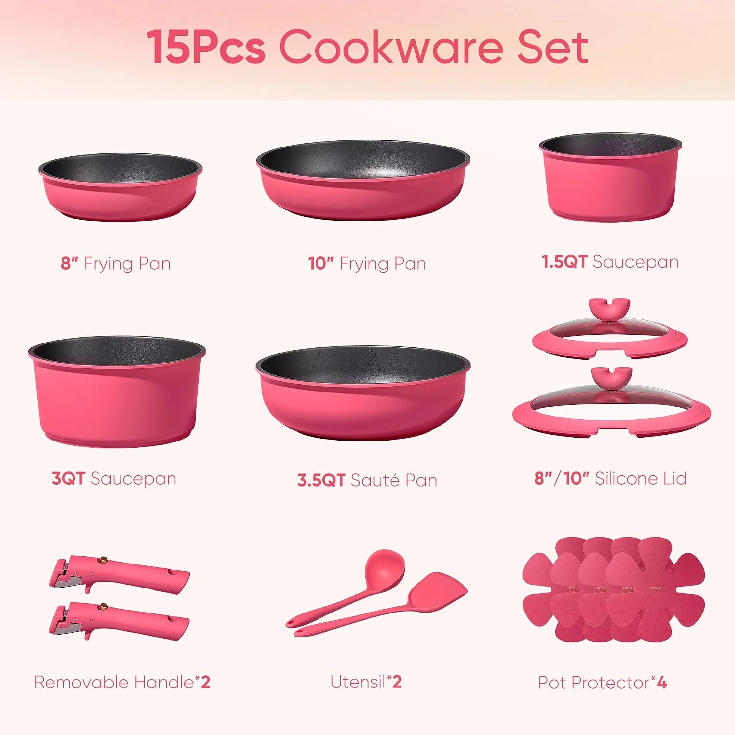 Nook CAROTE 15pcs Pots and Pans Set Non Stick, Cookware Set Detachable Handle - Image 2