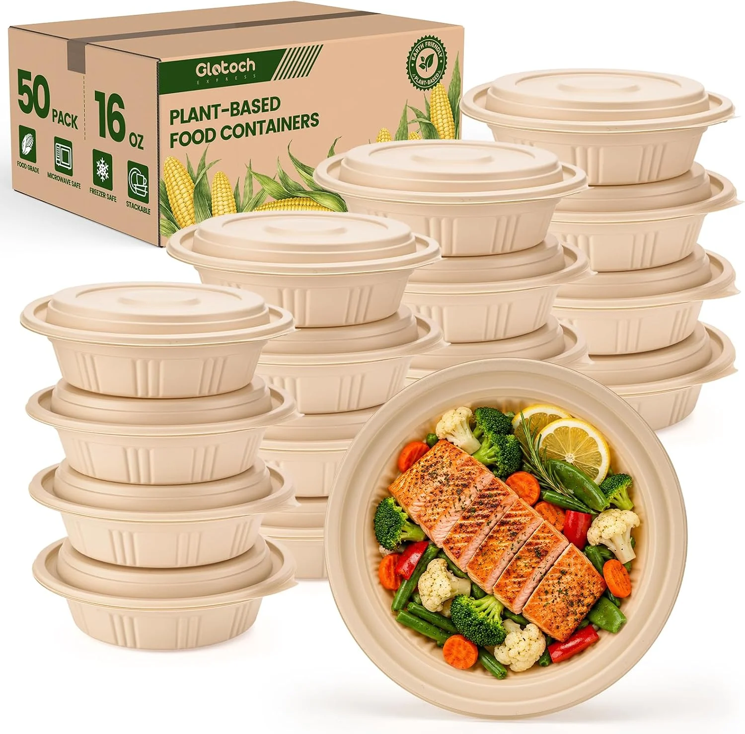 Piece (50 Pack) Meal Prep Containers with Lids, 28 oz Cornstarch Food Storage Containers Plant-based Lunch Box for Salad - Image 3