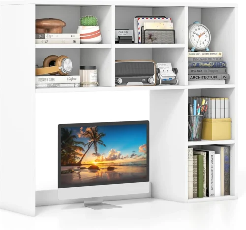 Nook Desktop Bookshelf, 37 Desk Hutch Dorm for Computer Up to 32 Inch, Countertop Hutch w/6 Storage Shelves, 3-Tier Desktop Organizer Display Rack, Wood Desk Shelf for Home Office (Natural)
