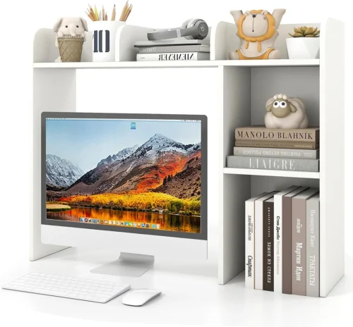 Alternative view of Nook Desktop Bookshelf, 37 Desk Hutch Dorm for Computer Up to 32 Inch, Countertop Hutch w/6 Storage Shelves, 3-Tier Desktop Organizer Display Rack, Wood Desk Shelf for Home Office (Natural)