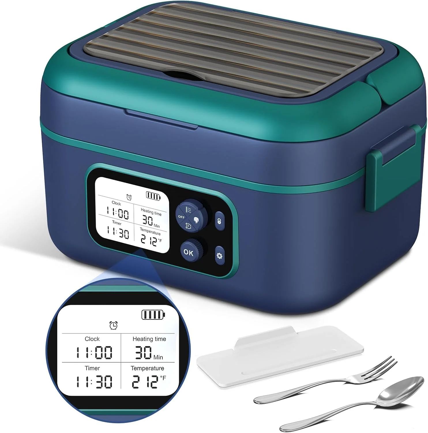 Nook Electric Heated Lunch Box, 1.5L - 6.3 Cups 100W Rechargeable Smart Self-Heating Food Warmer with Removable Divider, Spoon, Fork, BPA Free - Image 3