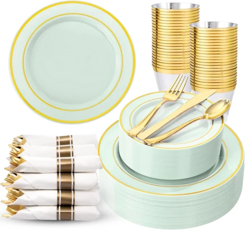 Alternative view of Nook Pieces Black and Gold Plastic Plates with Disposable Silverware, Include 50 Dinner Plates 9??, 50 Dessert Plates 6.3??, 50 Black Cups 9 OZ