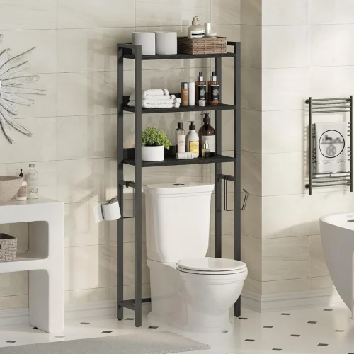 Alternative view of Nook Over The Toilet Storage Rack, 4 Tier Bathroom Organizer Over Toilet, Freestanding Space Saver Toilet Stand with 2 Hooks, Bathroom Storage Shelf, Easy to Assemble, Rustic Brown TSHR0401Z