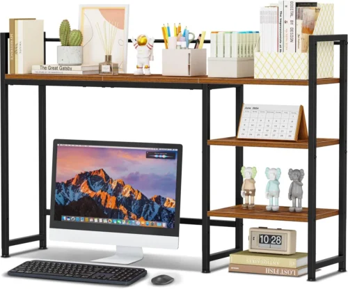 Nook Desk Shelf, 38.6 Desktop Organizer Shelf, Desk Hutch for Computer Monitor, 4 Tier Desk Display Rack, Wood Desktop Bookshelf Storage Rack for Home Office Dorm, Rustic Brown