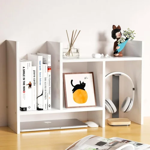 Nook Desk Shelves Wood Desktop Orgnizer Shelf. Office Organization for Top of Desk Organizers and Accessories Bookshelf Shelving, Adjustable Tier H-Shape Mini Bookcase(White)