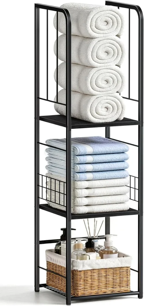 Nook Narrow Towel Storage for Bathroom, 3-Tier Free Standing Bathroom Towel Rack Organizer with Shelf for Small Bath, Pool, Brown