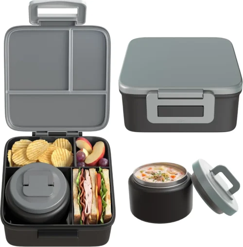 Nook MAISON HUIS Bento Lunch Box with 8oz Soup Thermo and Insulated Lunch Bag, Kids Leakproof Lunch Food Containers with 5 Compartment, Boys Girls Thermo Hot Food Jar for Travel, School, BPA Free (Black)