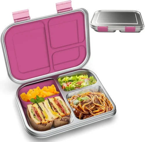 Nook Stainless Steel Kids Leak-Resistant Bento Lunch Box, 3-Compartments with Silicone Container, Dishwasher-Safe, Child-Friendly Design for School