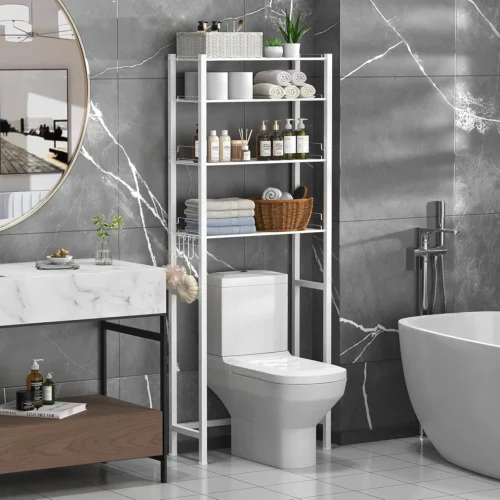 Nook 4 Tier Over The Toilet Storage Rack, Bathroom Organizer Shelves Cabinet Above Toilet, with Adjustable Height Freestanding Shelf Space Saver, Black