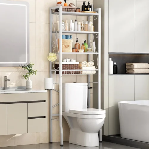 Alternative view of Nook Storage Rack 4-Tier, Bathroom Organizer Shelf Over Toilet, Adjustable Wooden Shelves and Basket, Freestanding Above Toilet Shelf, Space Saver for Rooms(Black Rack-Rustic Brown Shelves)