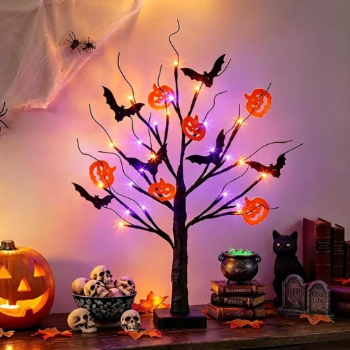 Nook Pack Halloween Tree, Vanthylit Black Tree with Orange Purple Bi-Color Led Lights 6 Functions, USB & Battery Operated Lighted Willow Branch for Indoor