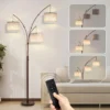 Nook 3 Light Arc Floor Lamp with Remote, Beige Shade Black Pole