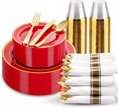 Nook Pieces Black and Gold Plastic Plates with Disposable Silverware, Include 50 Dinner Plates 9??, 50 Dessert Plates 6.3??, 50 Black Cups 9 OZ