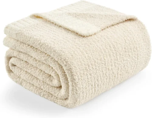 Nook Snuggle Sac Buttery Ivory Throw Blanket for Couch, Reversible Super Soft Knitted Blankets, Warm Cozy Knit Fuzzy Plush Lightweight Throws Dupes for Sofa, Bed, Picnic, Ivory, 50 x 60 inches