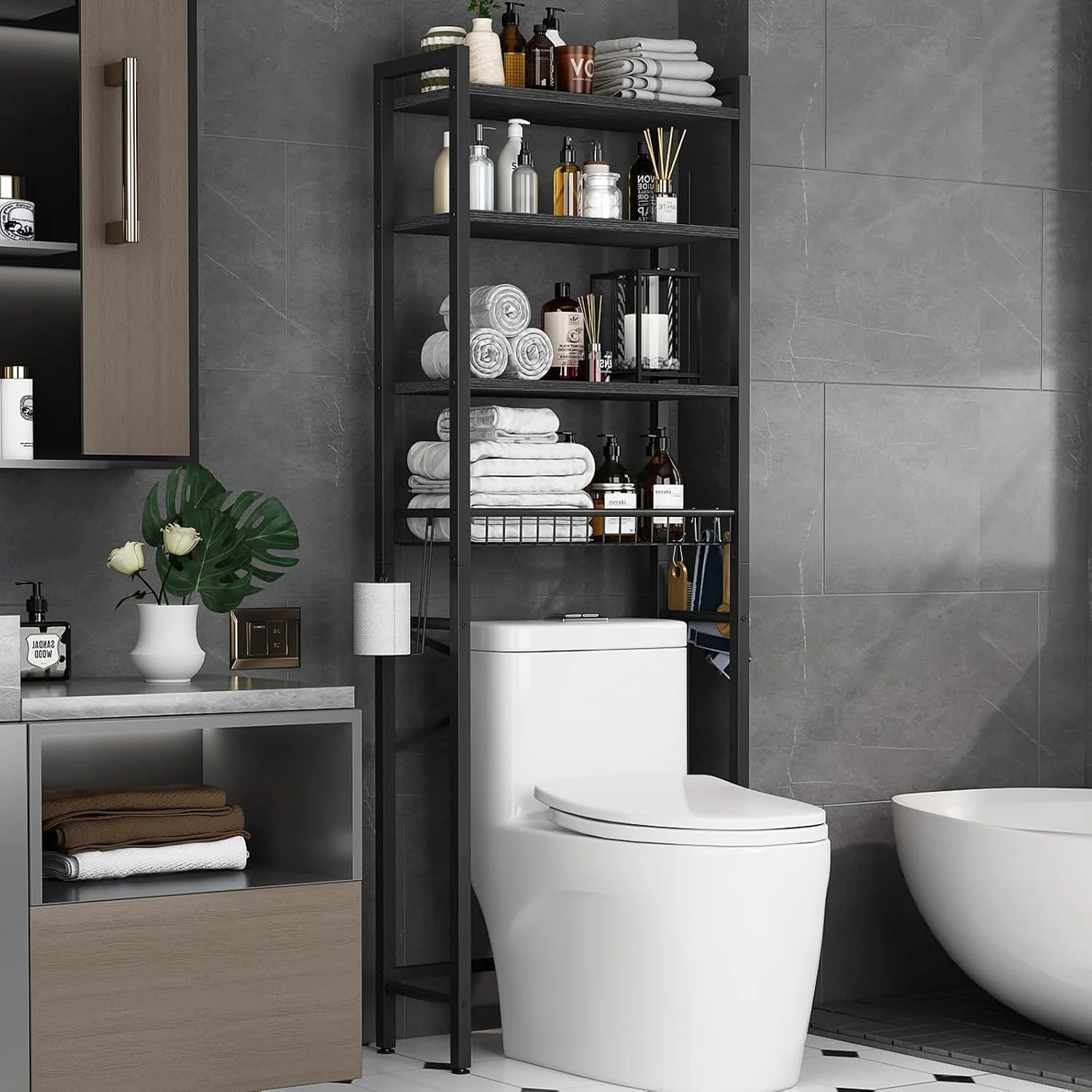 Over-The-Toilet Storage Rack, 4-Tier Bathroom Organizer Shelf Over Toilet with Adjustable Shelf and Basket, Freestanding Space Saver Bathroom Shelves Above Toilet for Room (Pure Black) - Image 2