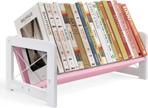 Nook Desktop Bookshelf Organizer, Wood Slanted Desk Bookshelf, Small Tabletop Book Rack, Portable Mini Bookcase for Book Display, Cookbooks, Kids Reading, Office & Home Storage, Rustic Brown