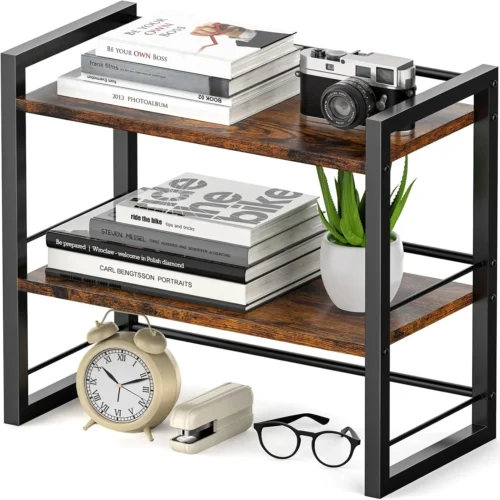 Nook Office Desk Shelf Organizer, Wood Desktop Bookshelf Supplies Storage Rack, Shelf for Top of Desk and Dresser (Black-2 Tier)
