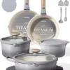 Nook CAROTE 20pcs Titanium Cookware Set, Pots and Pans Set Detachable Handle