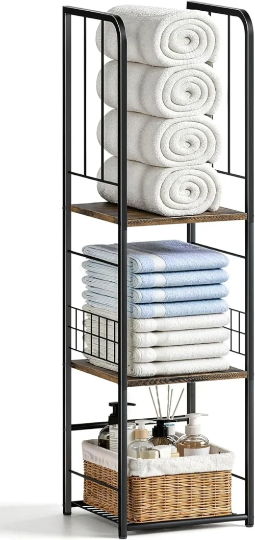 Alternative view of Nook Narrow Towel Storage for Bathroom, 3-Tier Free Standing Bathroom Towel Rack Organizer with Shelf for Small Bath, Pool, Brown
