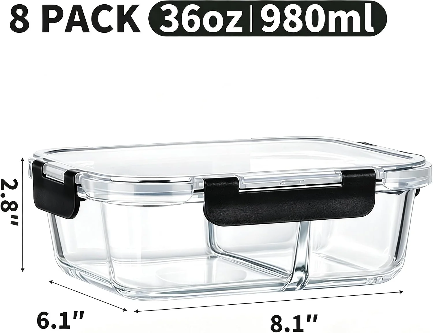 Nook Pack 2 Compartment 36oz Borosilicate Glass Meal Prep Containers with Lids - Image 3