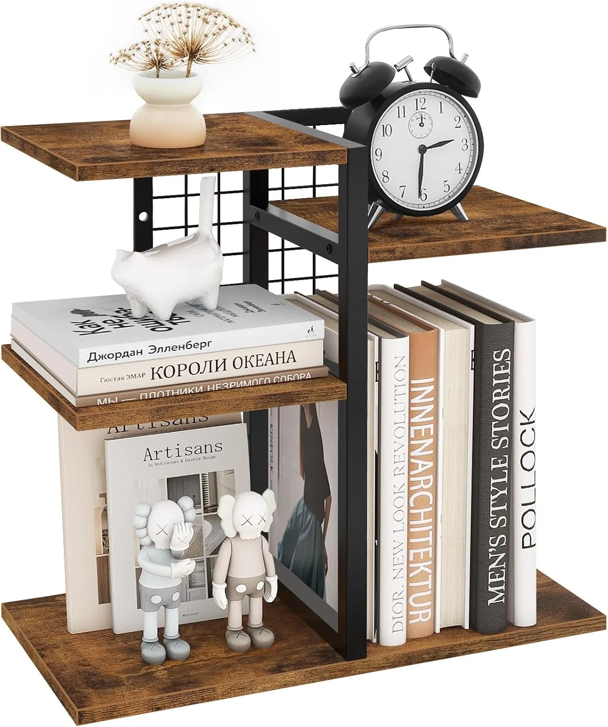 Nook Desktop Shelf Organizer, 4-Tier Wooden Desk Bookshelf, Small Tabletop Book Shelf, Adjustable Display Rack for Home, Office, Dorm, Rustic Brown