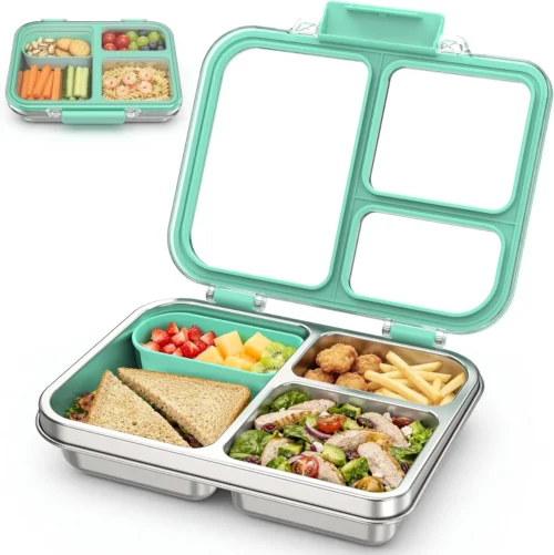 Alternative view of Nook Stainless Steel Bento Box for Kids, 3-Compartment Metal Lunch Box with Clear Lid & Removable Silicone, Lunch Box Kids with Silicone Inner Container
