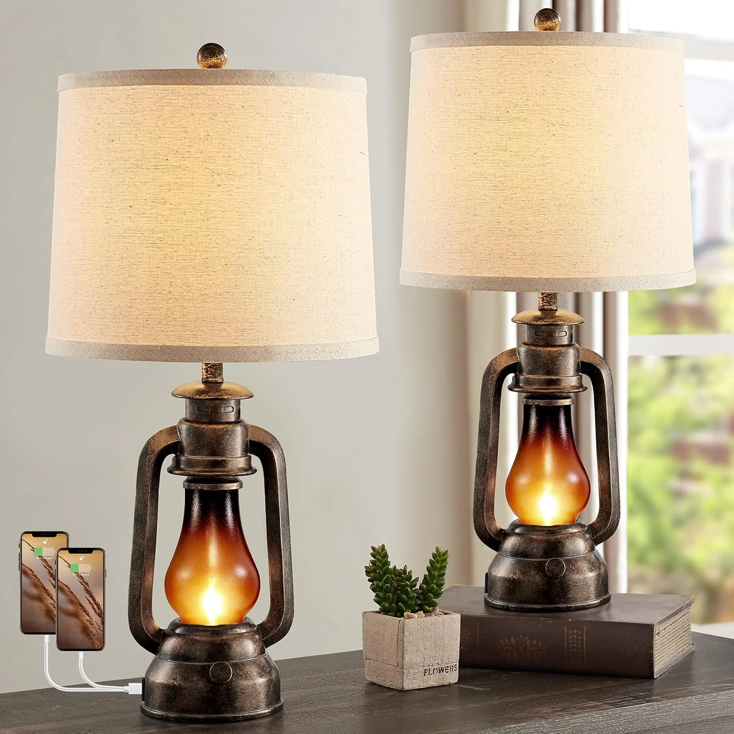 Farmhouse Lantern Table Lamps for Living Room Set of 2 with USB C+A - Image 3