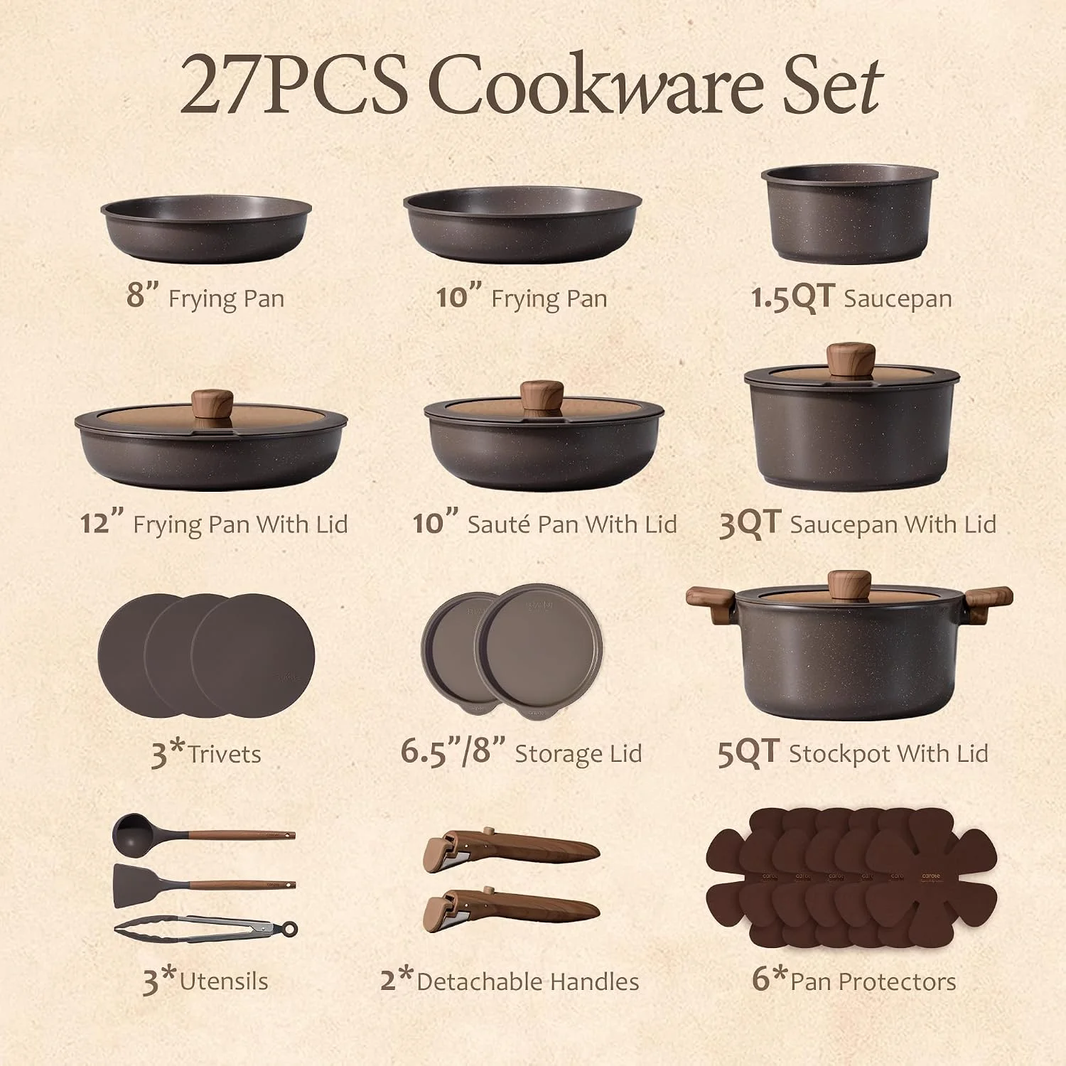 Nook CAROTE 27pcs Pots and Pans Set Non Stick, Detachable Handle Cookware - Image 2