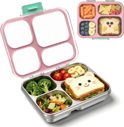 Nook Reeple Stainless Steel Lunch Box for Kids, Leakproof 4 Compartment Kids Bento Lunch Box with Clear Lid, BPA-Free Steel Lunch Box Containers for School Travel (Blue)