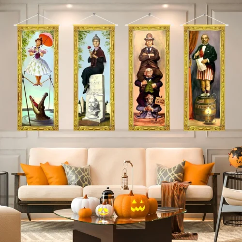 Alternative view of Nook Decorations Large 4 PCS Haunted Mansion Stretching Portraits Vintage Vinyl Backdrop Decor Outdoor Horror Poster for Indoor Holiday Home Wall Art