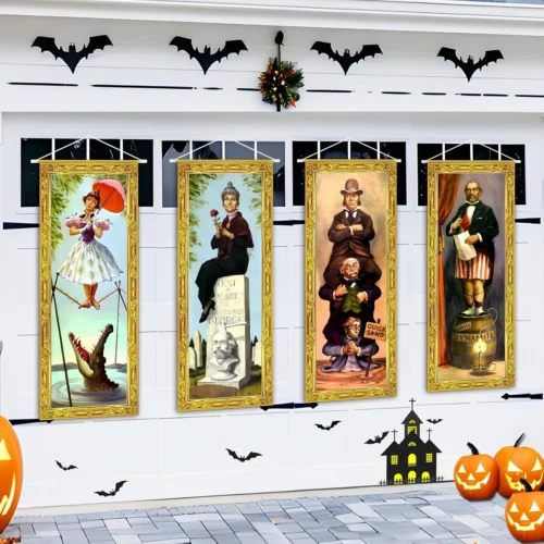 Nook Decorations Large 4 PCS Haunted Mansion Stretching Portraits Vintage Vinyl Backdrop Decor Outdoor Horror Poster for Indoor Holiday Home Wall Art