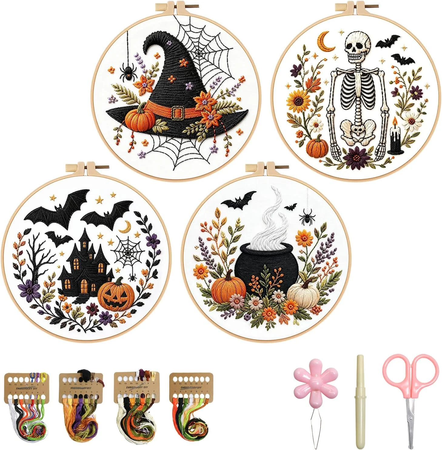 Embroidery Kit, Skeleton Cross Stitch Kits, 4 Set Craft Kits for Beginners with Pre-Printed Embroidery Fabric, Hoops, Step-by-Step Instructions - Image 3